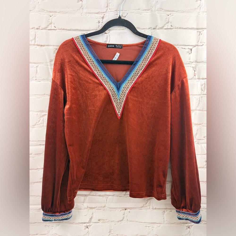 SHEIN Burnt Orange V Neck Long Sleeve Blouse Small